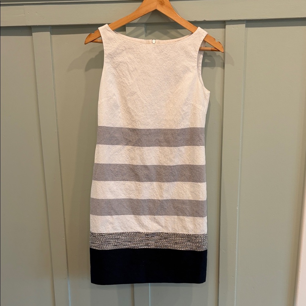 {MaxMara} Sleeveless Striped Shift Dress in White, Gray & Black